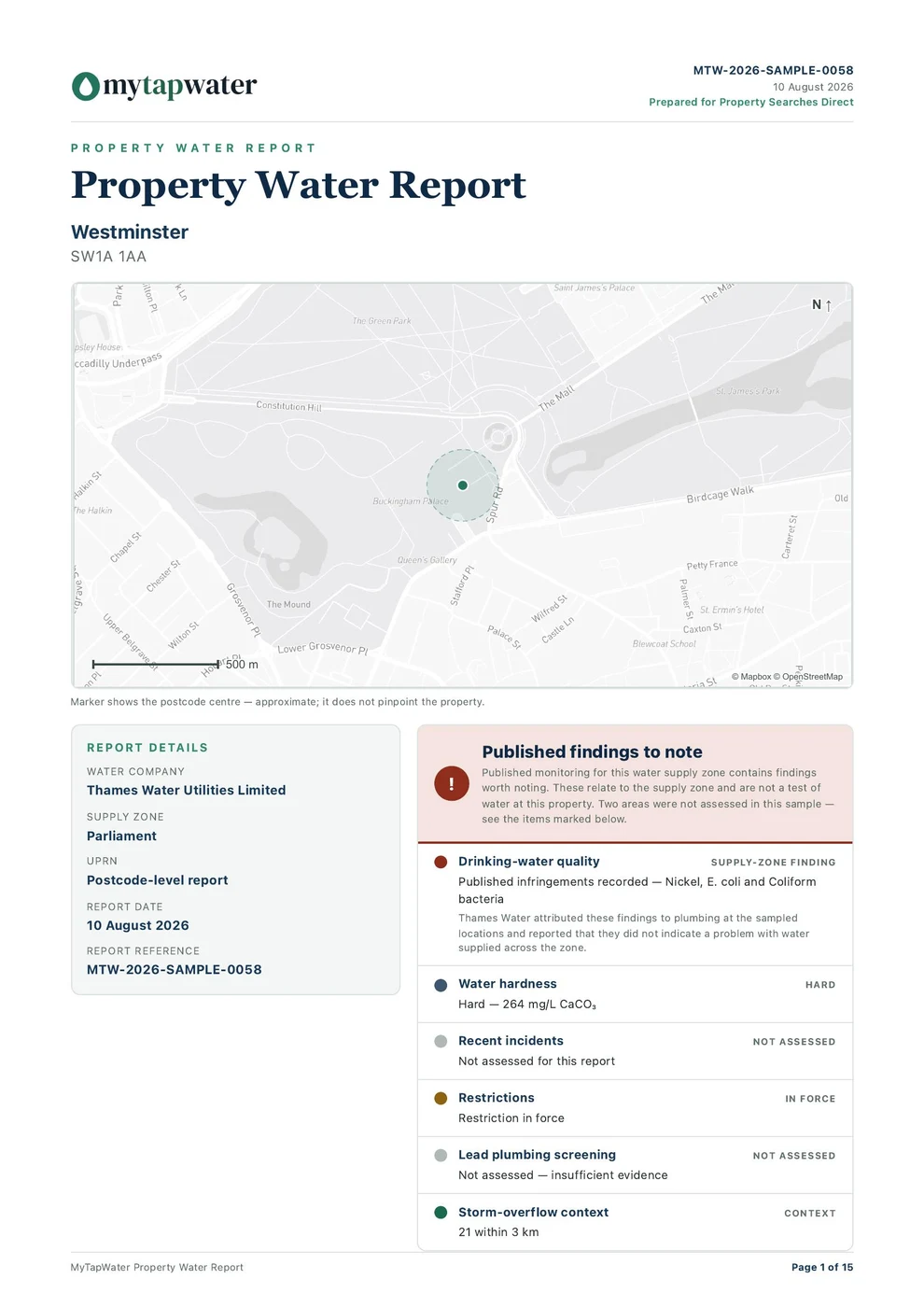 MyTapWater Property Water Report