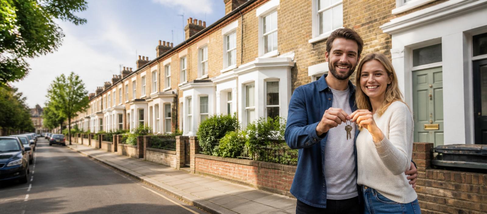 A couple receiving the keys to their new home on a residential street