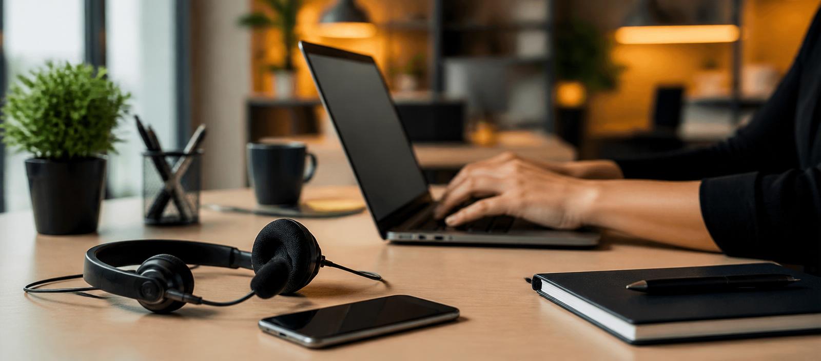Customer support desk with headset and laptop