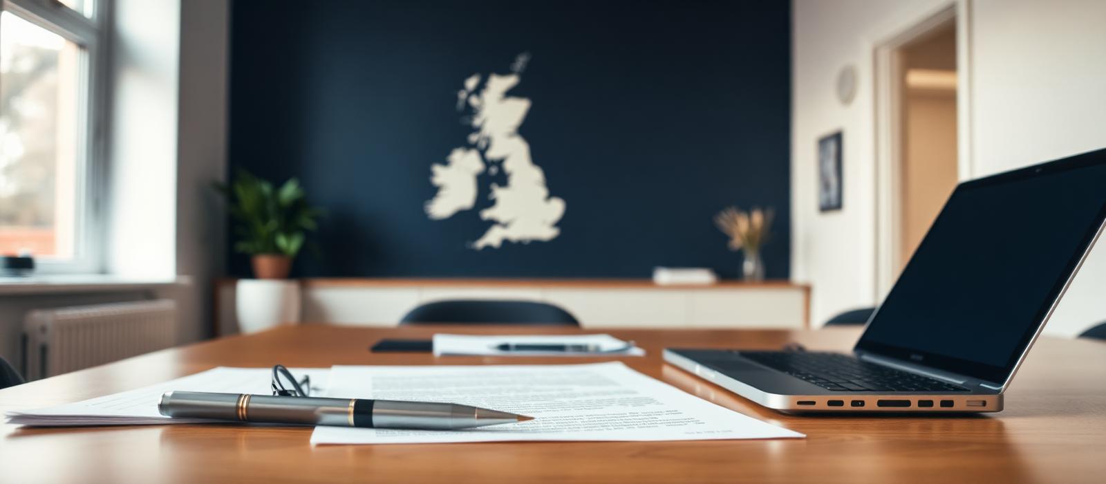 A conveyancer's desk with legal documents and a UK map in the background