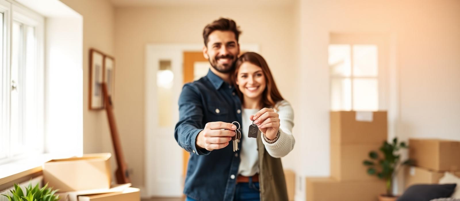 A couple holding keys outside their new home
