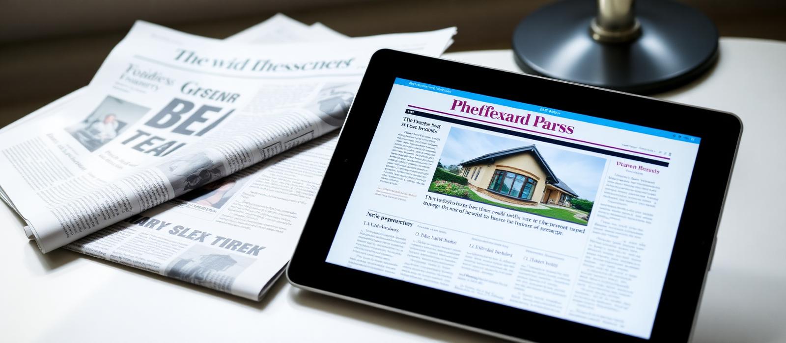 Newspapers and a tablet showing property news
